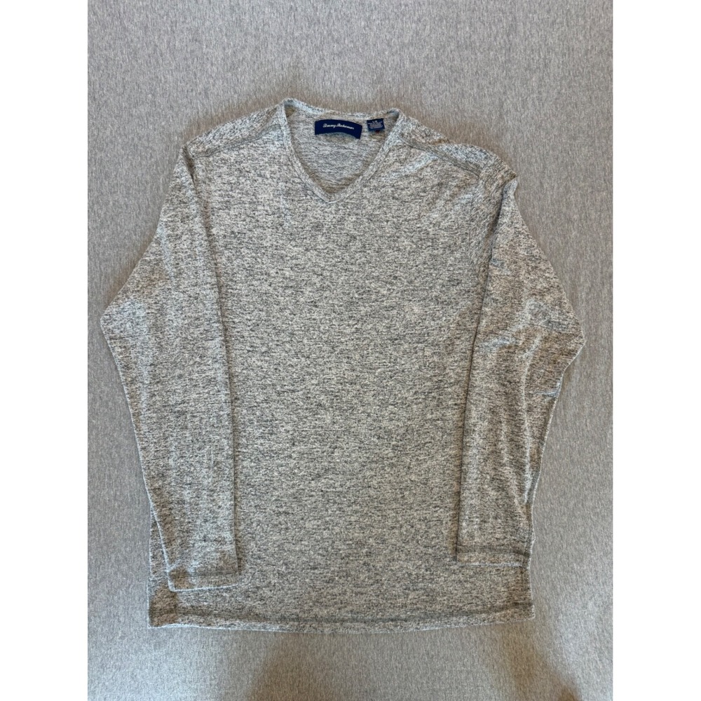Tommy Bahama Mens Gray Marl V-Neck Long Sleeve Rayon Blend Knit Shirt Large